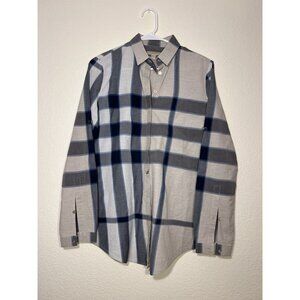 Burberry Brit Small Gray Blue Plaid Button Up Blouse Shirt Cotton